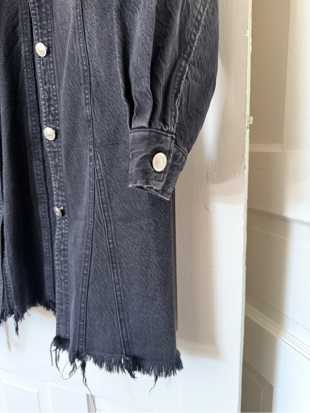We The Free Washed Black Long Denim Jacket Distressed Over Coat - Picture 5 of 10